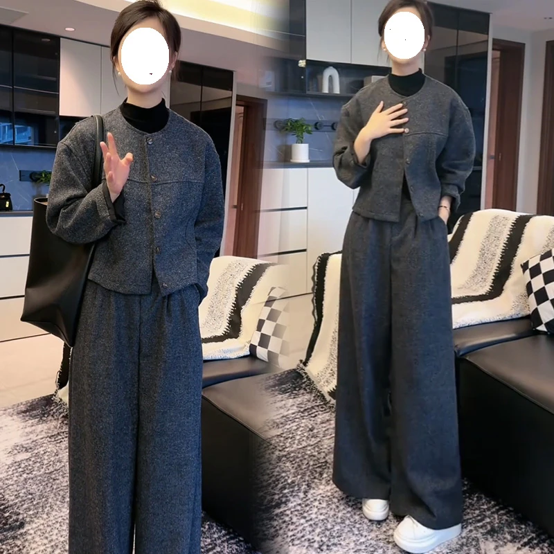 小香风时尚套装女秋冬新款休闲毛呢短款外套高腰阔腿裤气质两件套