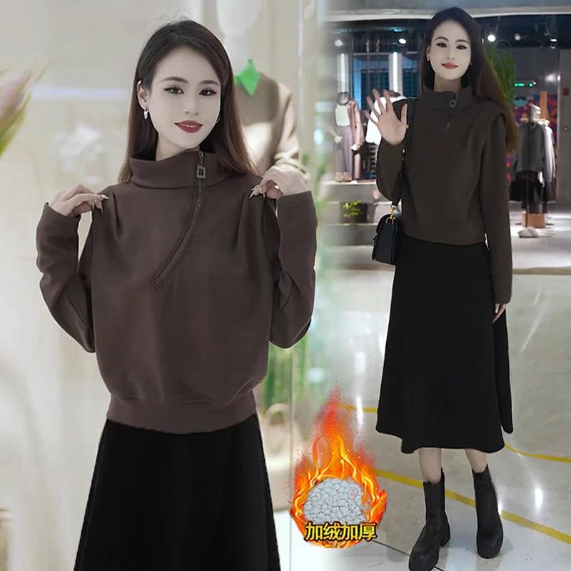 加绒加厚卫衣女秋冬季新款时尚设计感斜拉链长袖百搭立领外套上衣