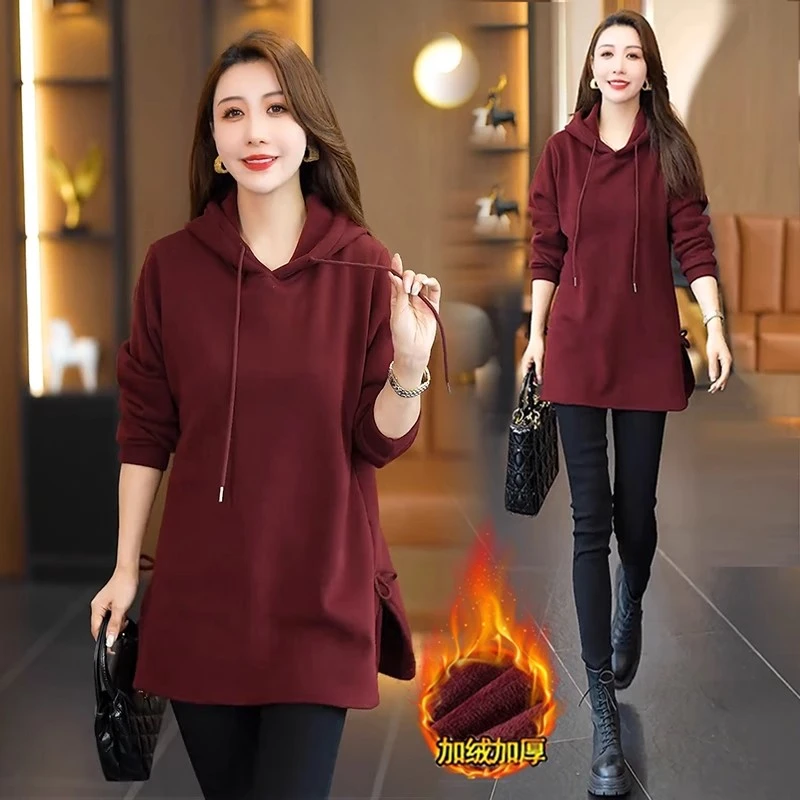 加绒加厚连帽卫衣女2024冬季新款韩版时尚宽松休闲中长款保暖外套