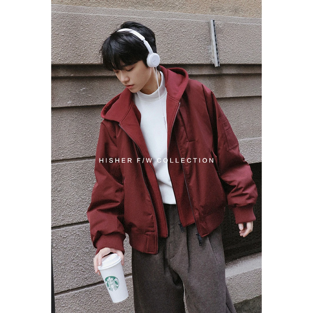 HISHER出柜小个子中性风可拆卸假两件羽绒服轻薄款连帽飞行员风格