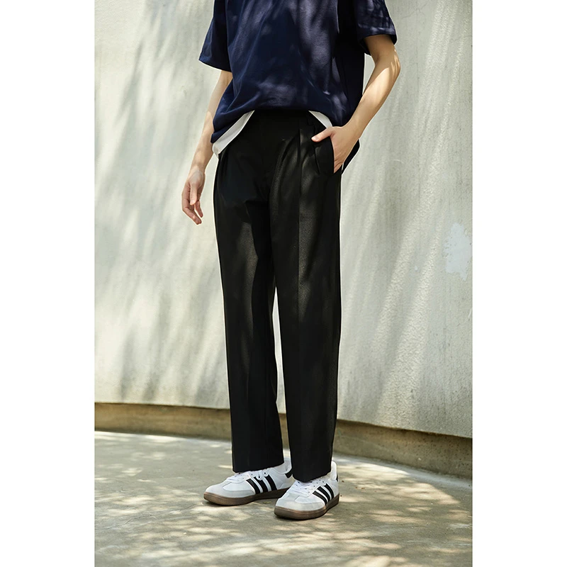 HISHER出柜中性风小个子经典好莱坞腰头双褶锥形西裤 黑色