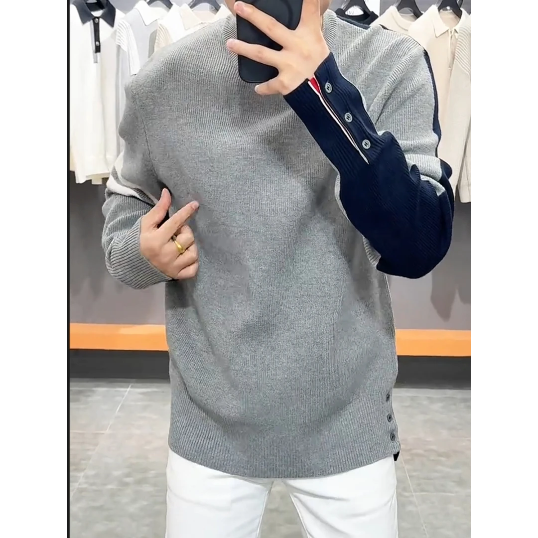 男士冬季新品圆领拼接拼色正反双色打底衫毛衣时尚休闲百搭针织衫
