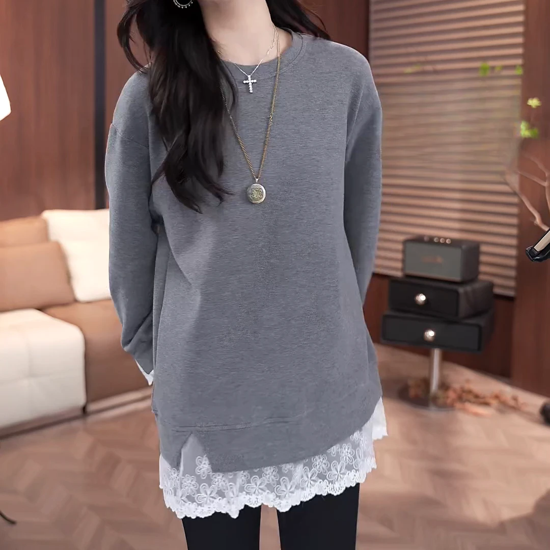 2024秋冬新款设计感假两件显瘦长袖拼接蕾丝打底上衣LK2500756