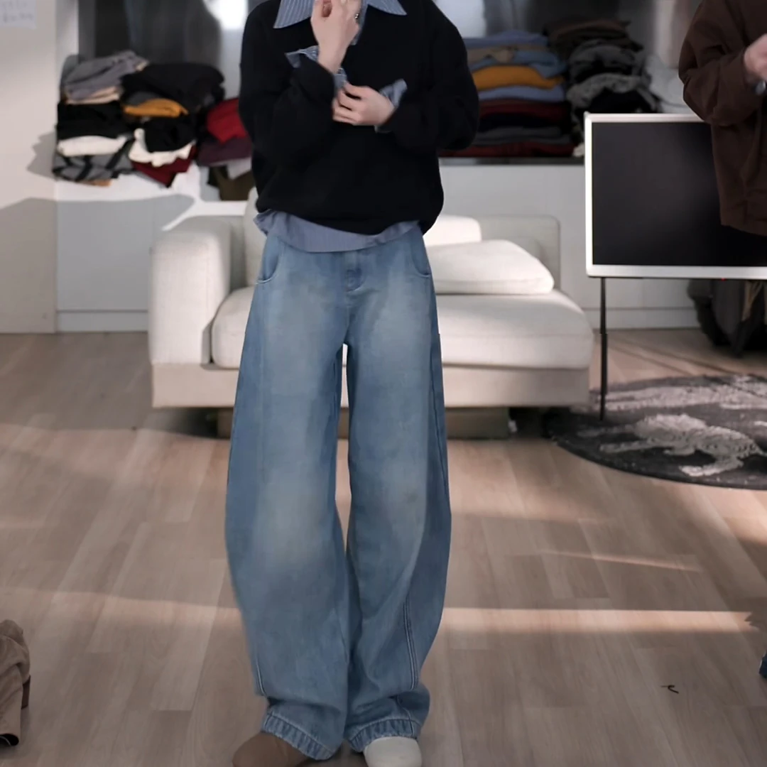 新款韩版复古水洗高腰加绒遮肉显瘦牛仔裤LK2500679
