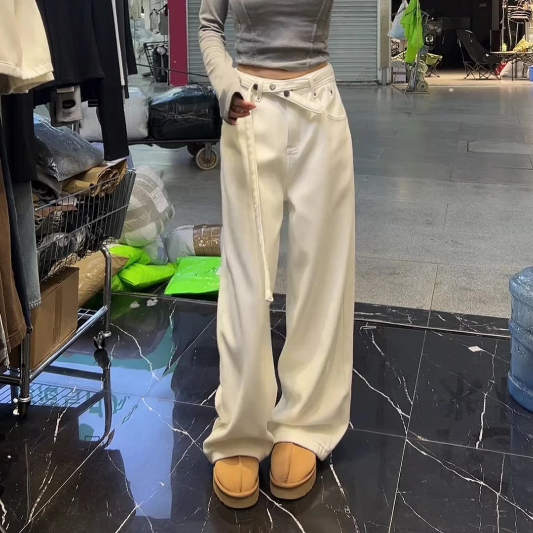 【极简主义】米白加绒斜系带牛仔冬季新款设计百搭拖地裤LK2500747