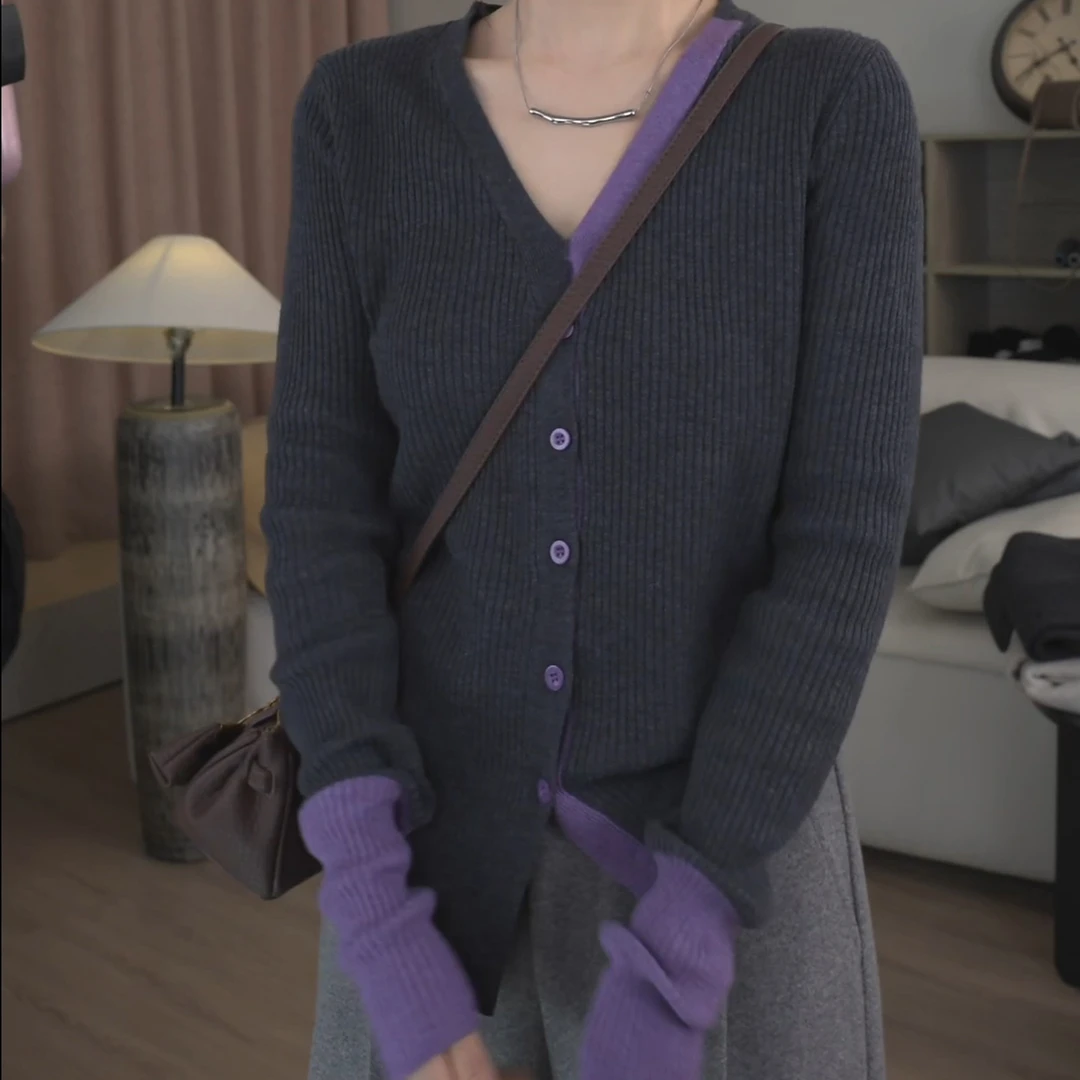 2024秋冬新款拼色V领针织衫上衣长袖内搭显瘦打底衫LK2500839