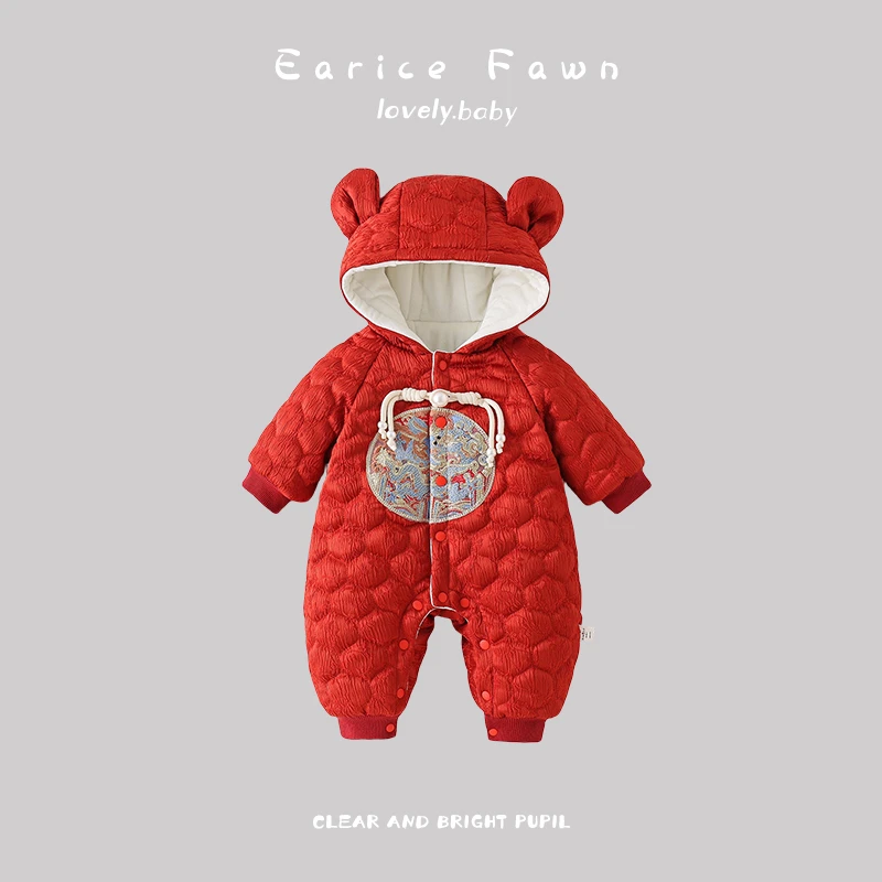 QQ新生儿冬季加绒连体衣男女宝宝洋气国风爬服百天生日礼服婴儿衣