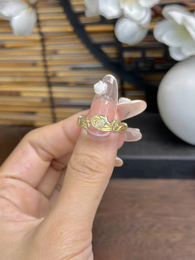 足银戒指 「桃妖」足银999.9新中式古风逃之天天开口描金狐狸戒指