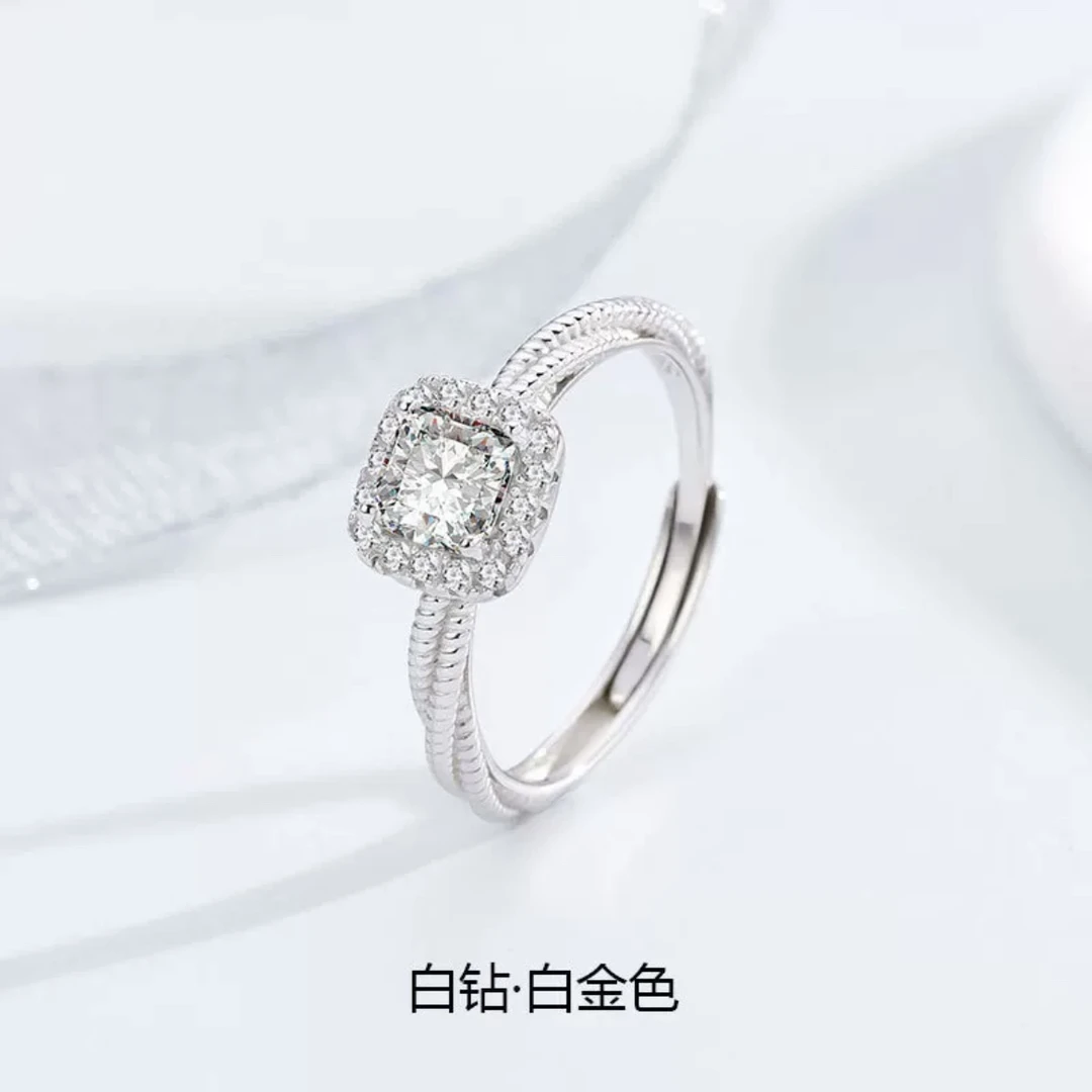 足银戒指 足银小方糖戒指女纯银锆石开口可调节指环高级感尾戒