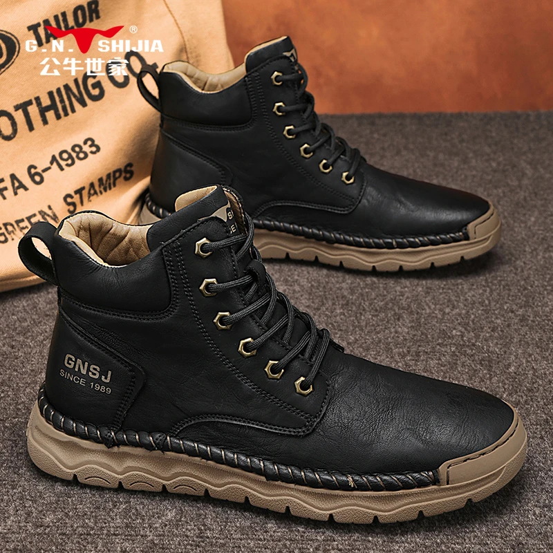 公牛世家男鞋秋冬新款英伦休闲皮鞋男士高级感黑色手工高帮马丁靴