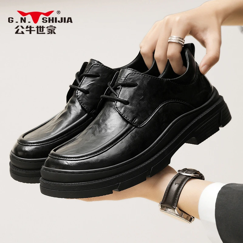 公牛世家男鞋春季时尚休闲厚底皮鞋英伦商务正装布洛克增高百搭鞋