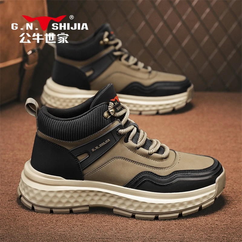 公牛世家休闲马丁靴男士秋冬新款厚底户外登山鞋工装休闲高帮男鞋