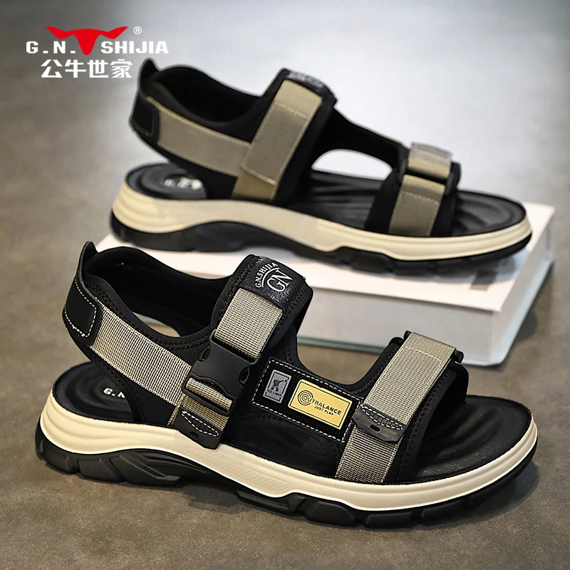 公牛世家凉鞋男夏季2024新款软底男士外穿开车防滑魔术贴沙滩凉拖