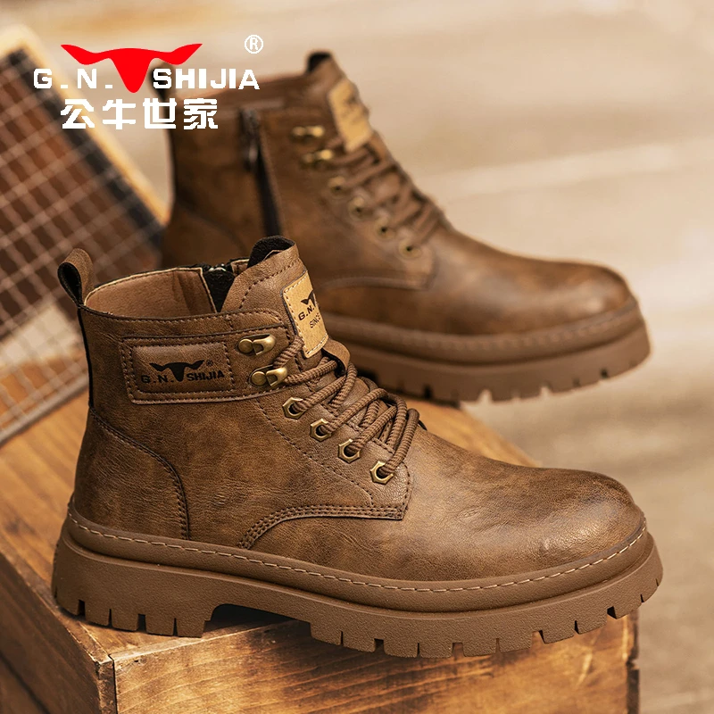 公牛世家马丁靴男款秋冬英伦风高帮皮鞋男士复古休闲厚底工装男鞋
