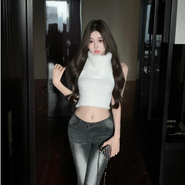 白色毛绒绒高领女毛衣无袖针织背心吊带保暖辣妹高腰上衣内搭外穿