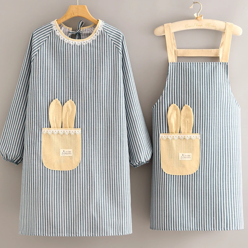 韩版棉麻长袖围裙厨房家用可爱罩衣女防污做饭透气工作服大人围腰