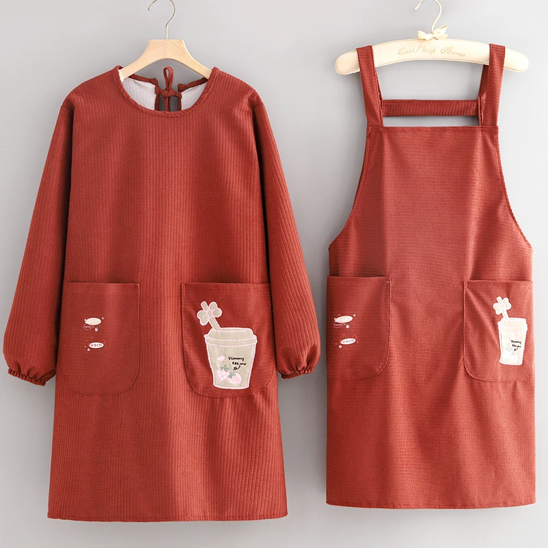 时尚条绒罩衣女防污耐脏围裙家用厨房防水做饭围腰可爱新款工作服