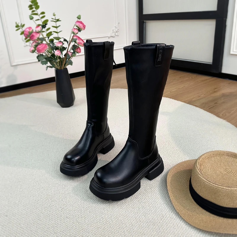 2025爆款新厚底小个子长筒靴女秋冬加绒单里显瘦高筒靴长靴英伦风