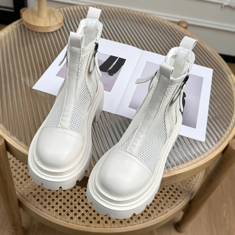 马丁靴夏季女2024新款网纱薄款镂空透气松糕厚底增高短靴白色网靴
