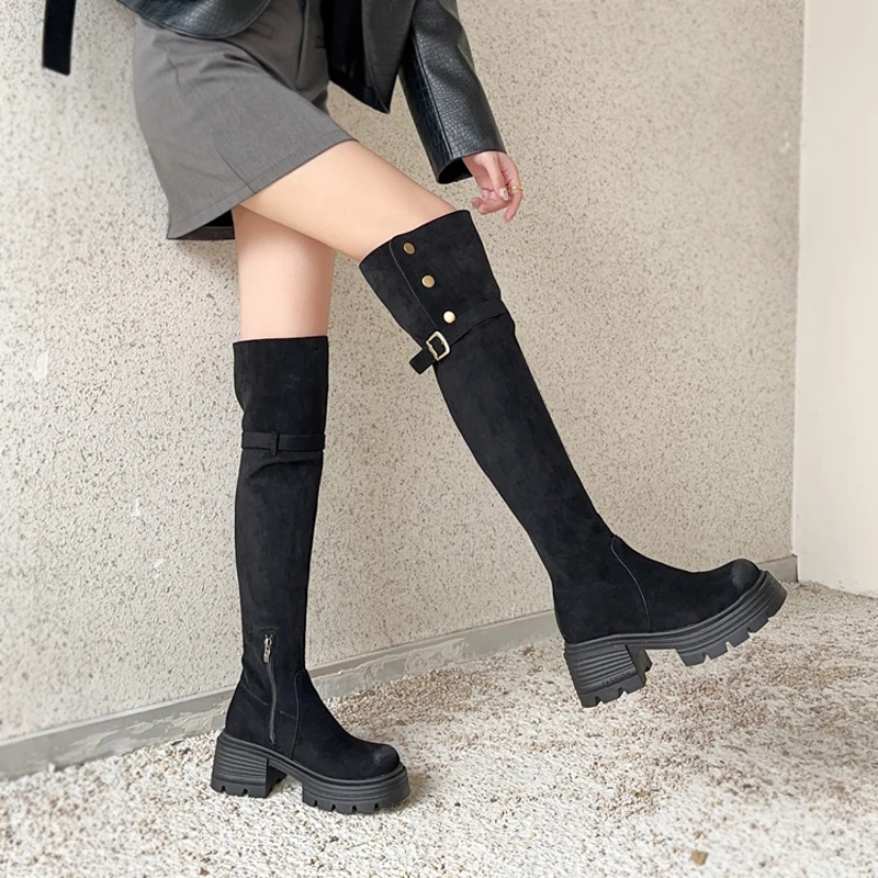 厚底长筒靴子女2025新款秋冬季绒面高筒靴裤管靴平口堆堆靴骑士靴