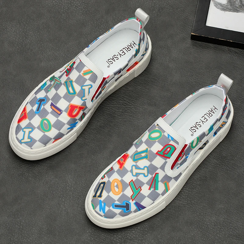 2025新款男夏季英伦风潮流帆布鞋薄款透气格子休闲百搭一脚蹬男鞋