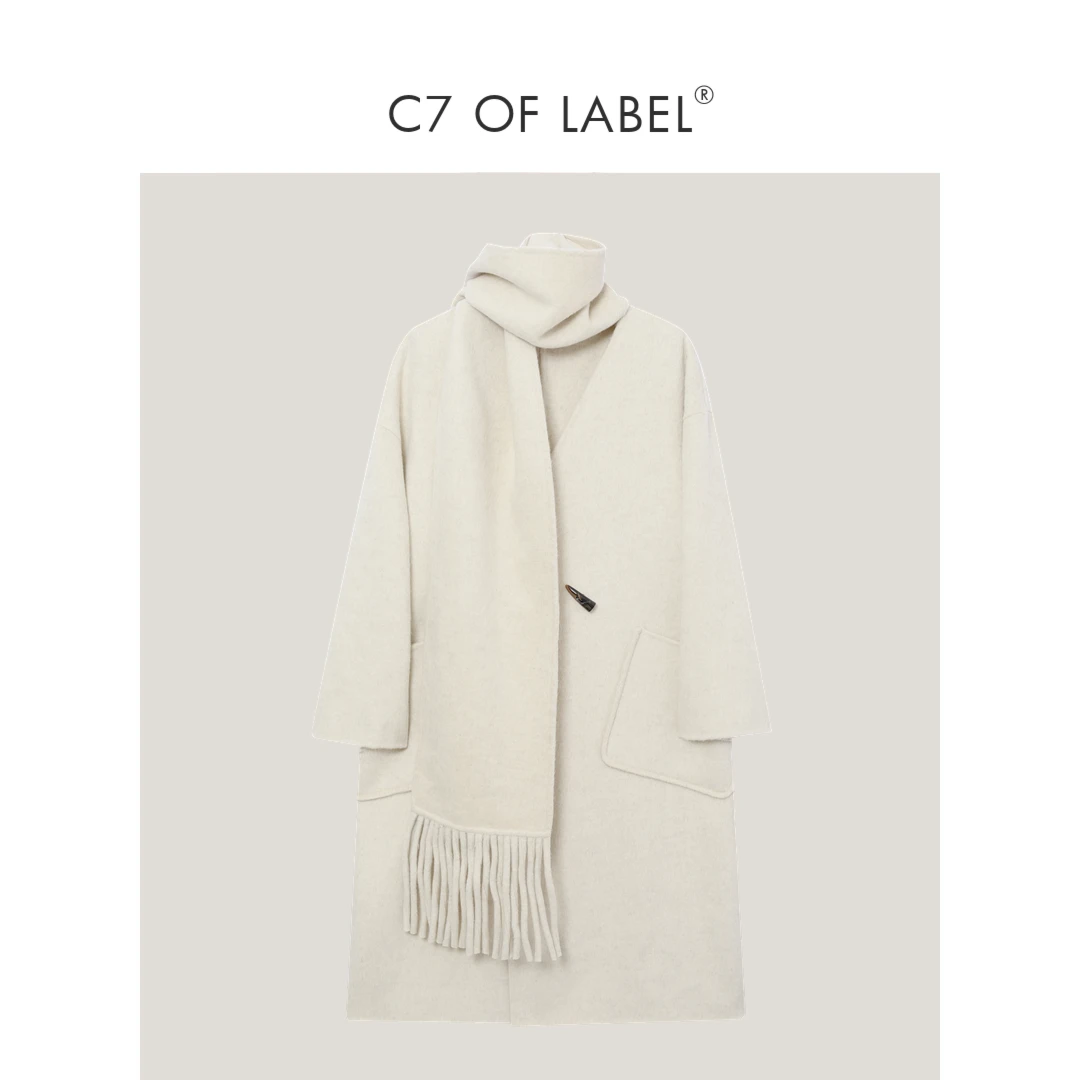 4折#C7 OF LABEL®「昆仑」羊毛兔毛桑蚕丝围巾款双面呢大衣 #牛角扣