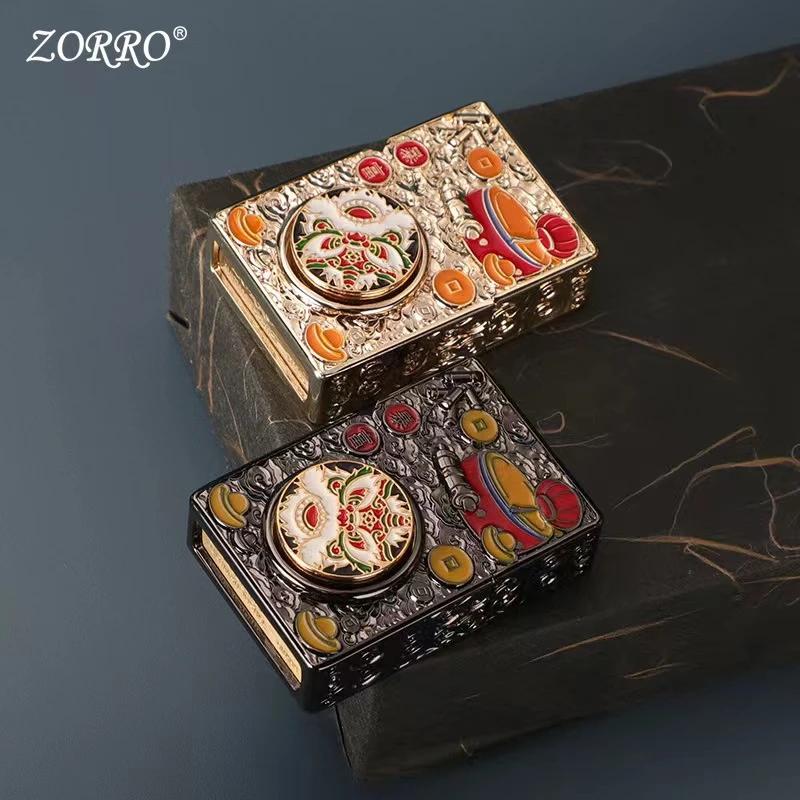 ZORRO佐罗煤油打火机吉祥如意醒狮转芯 砂轮防风创意复古把玩解压