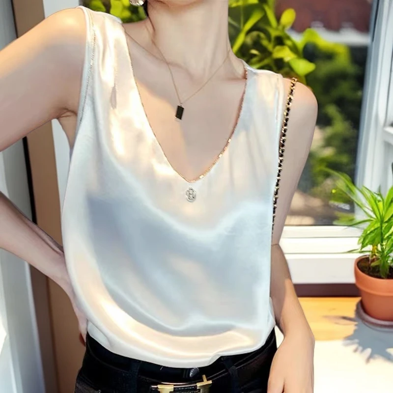 吊带背心女内搭西装白黑色仿真丝打底衫缎面仿桑蚕丝醋酸上衣V领