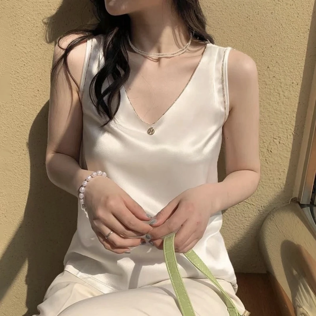 新款白色缎面宽松无袖背心女夏V领西装内搭打底吊带醋酸上衣