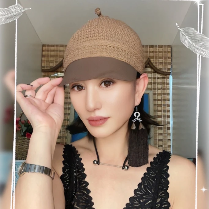 美雅家原创手工钩织PU皮檐麻线帽（63）气质针织时尚编织镂空帽子