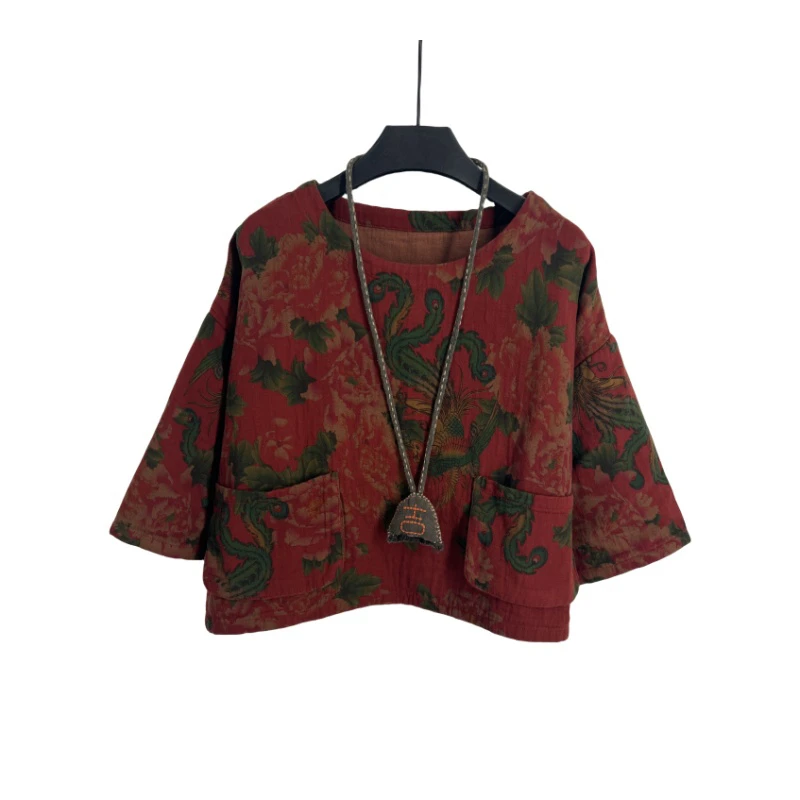 美雅家碎花红色印花百搭圆领复古时尚短款洋气套头上衣