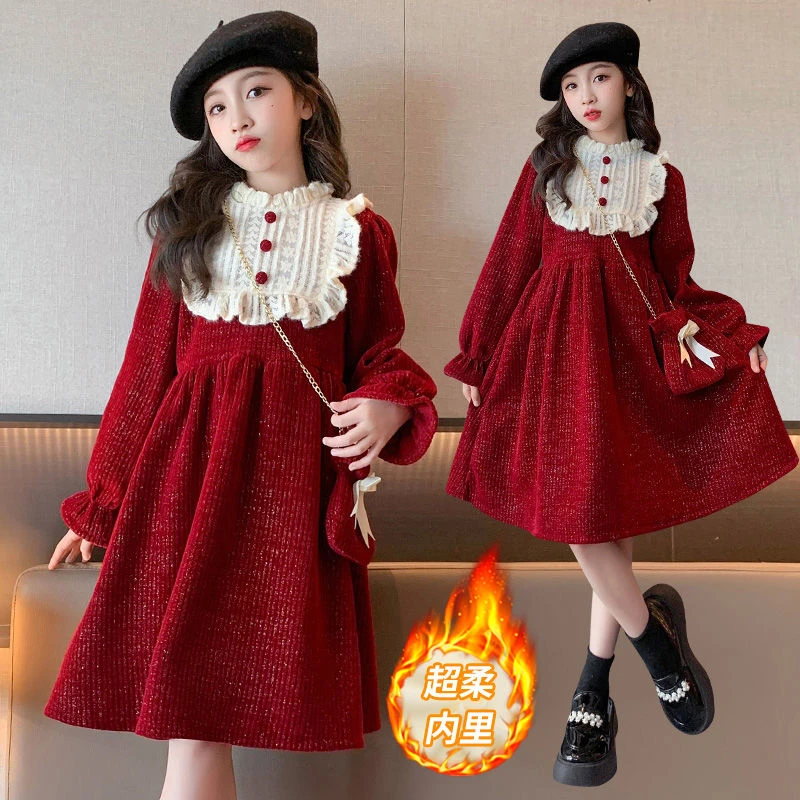 女童秋冬季连衣裙2023新款洋气儿童加绒雪尼尔公主裙新年礼服裙子