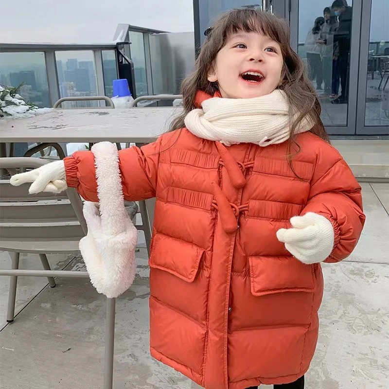女童羽绒服2023冬季新款儿童加厚女孩外套宝宝洋气牛角扣中大童装