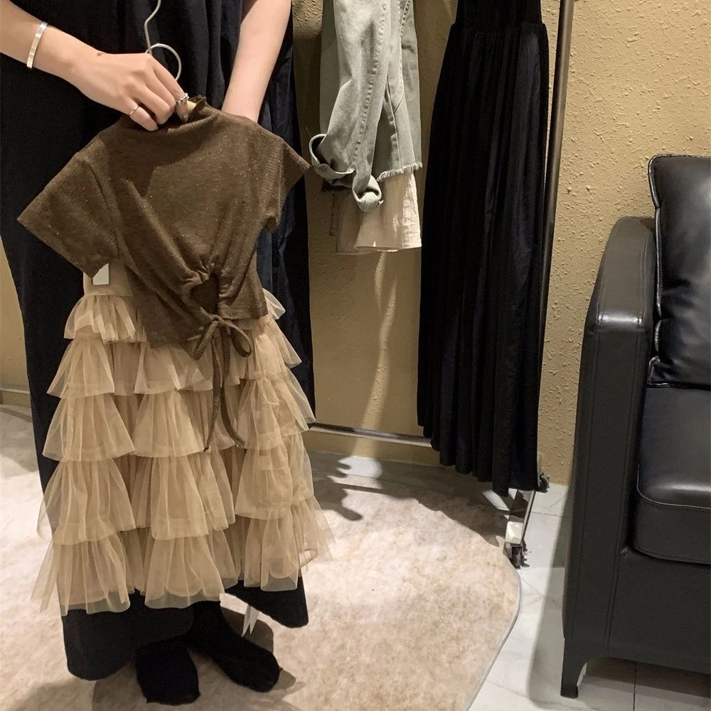 夏季露背T恤韩版女童蛋糕裙纱裙小众ins风套装女宝两件套-HY