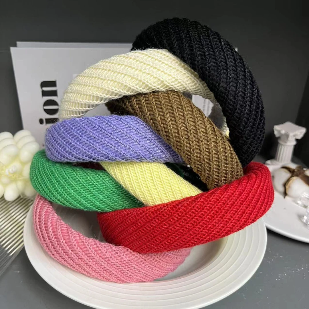 秋冬复古糖果色毛线高颅顶压发气质时尚针织百搭法式纯色彩色宽边