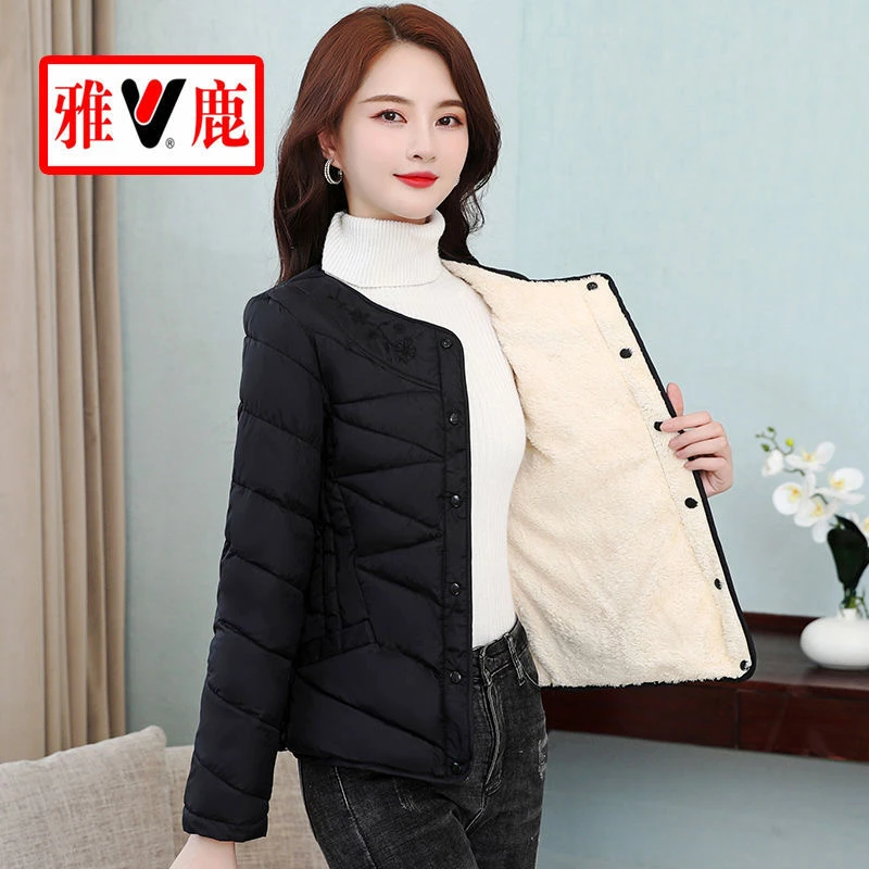 V/雅鹿2022年新款棉服女圆领短款加绒加厚保暖修身妈妈装秋冬外套
