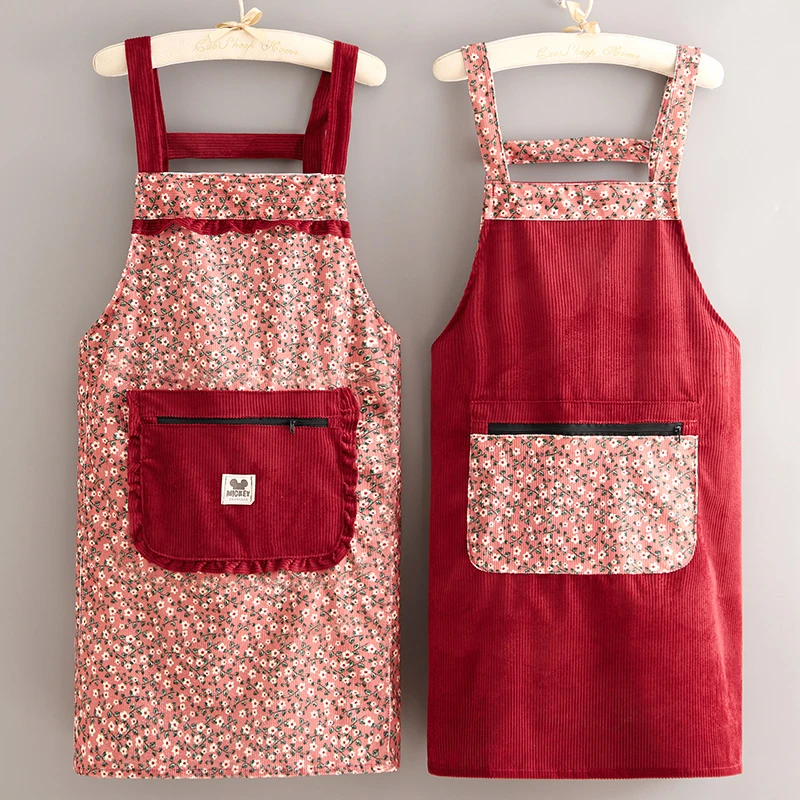 韩版洋气条绒围裙家用厨房防污做饭围腰上班防污工作服耐磨网红女