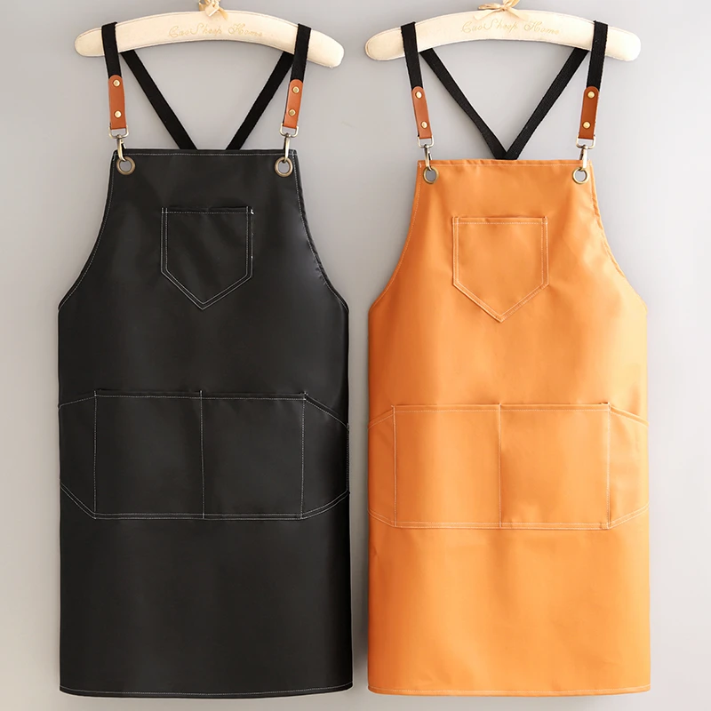 新款PU免洗防水围裙厨房家用做饭围腰定制logo印字餐饮专用工作服