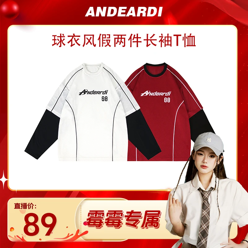 ANDEARDI潮牌设计感撞色假两件长袖T恤女轻薄透气球衣风印花上衣