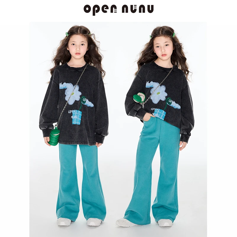 Opennunu女童复古松紧腰休闲裤秋季时尚油画微喇亲肤马蹄裤长裤