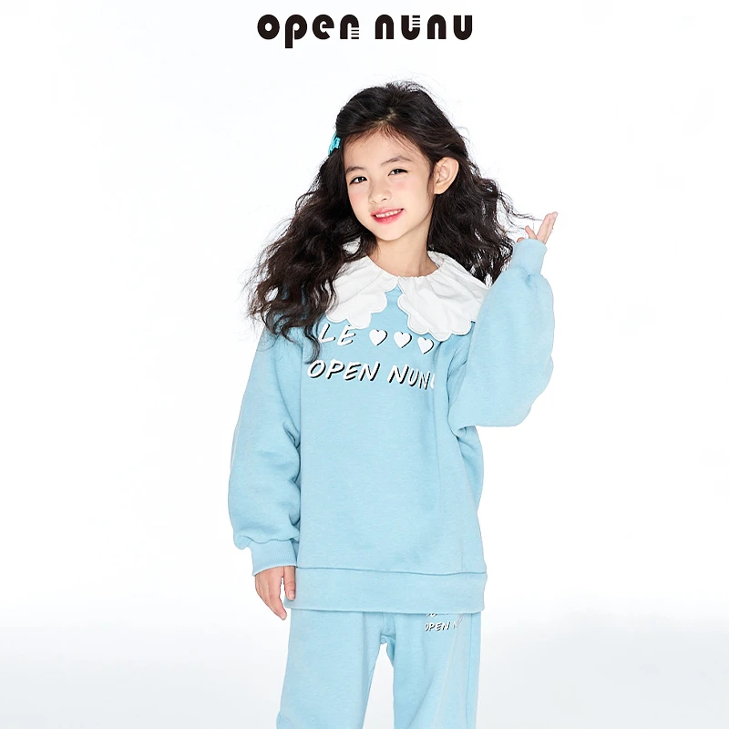 Opennunu女童春秋天蓝色卫衣运动裤套装休闲全棉两件套长袖时尚
