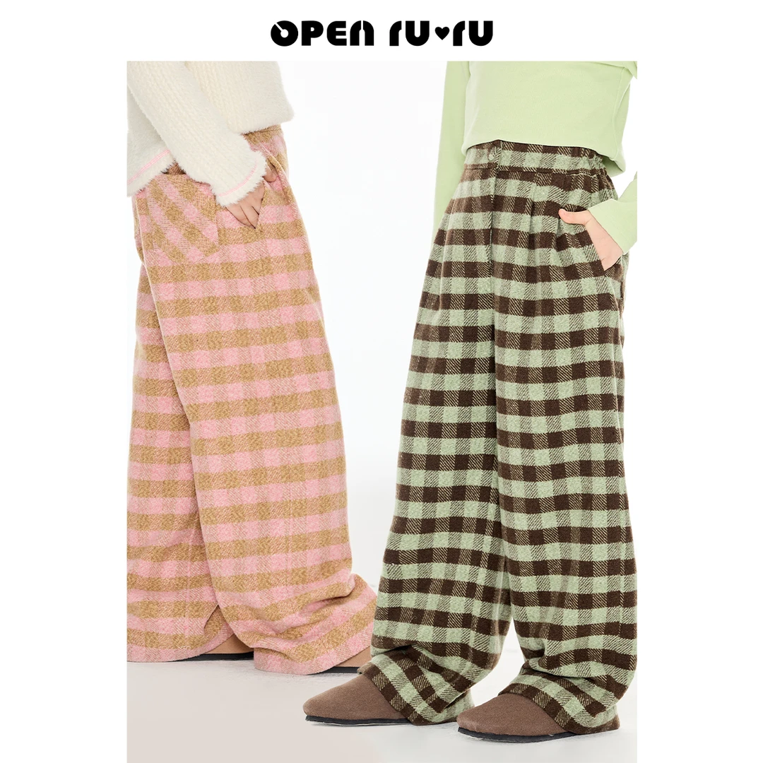 Opennunu女童复古毛呢格子裤秋冬新款儿童甜酷垂感宽松阔腿休闲裤