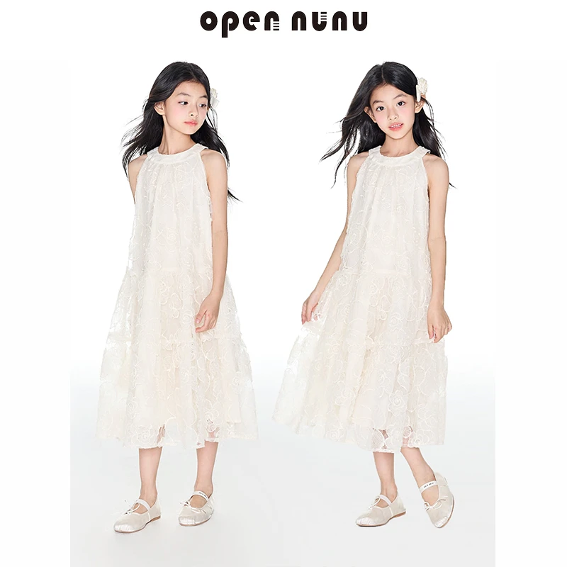 Opennunu女童米白花纱小仙女长裙海边度假法式复古挂脖无袖连衣裙