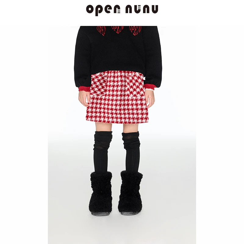 Opennunu女童半裙圣诞红格子半裙复古氛围感A字短裙格纹时尚毛呢