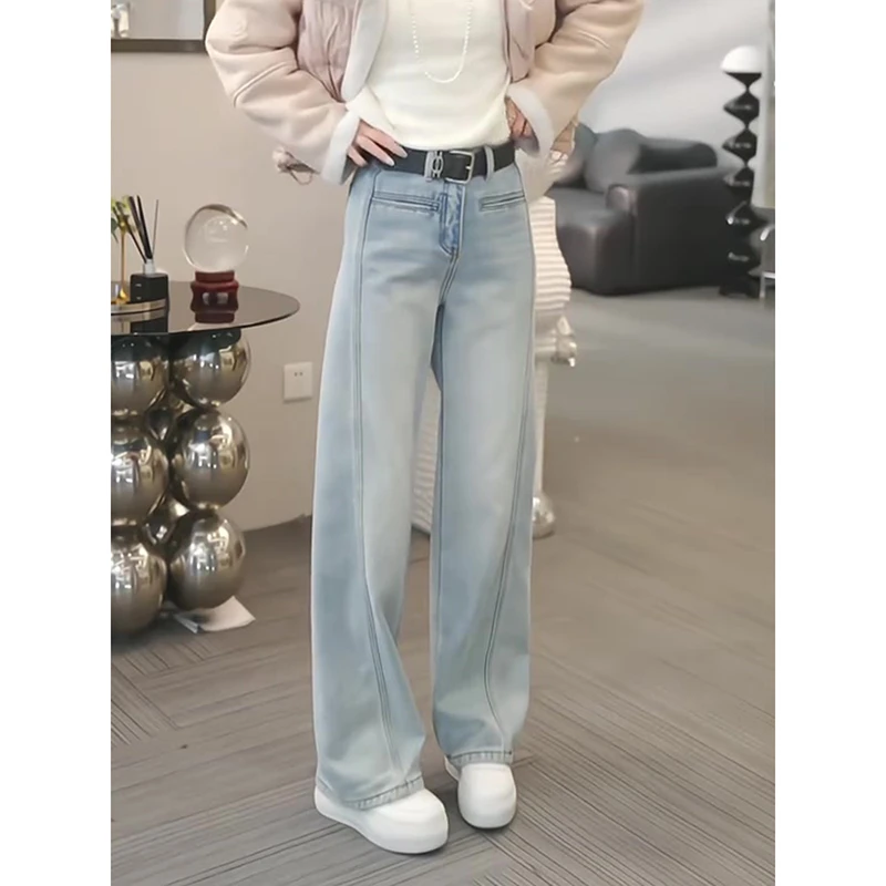 水洗高腰加绒牛仔裤女秋冬新款复古时尚潮流直筒宽松休闲阔腿长裤