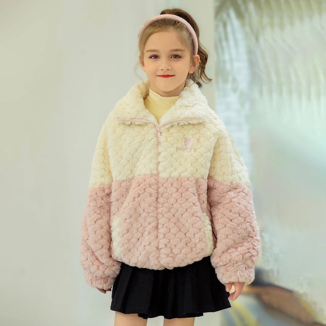 女童秋冬厚外套拉链翻领中长款宽松拼接加绒加厚毛毛棉衣5233300