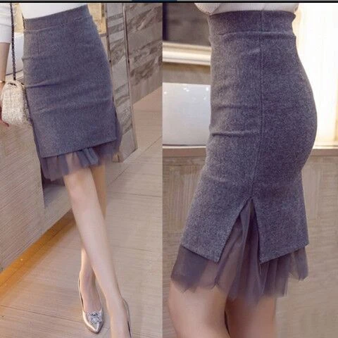 秋冬加厚网纱拼接高腰包臀裙修身中裙女职业裙半身裙