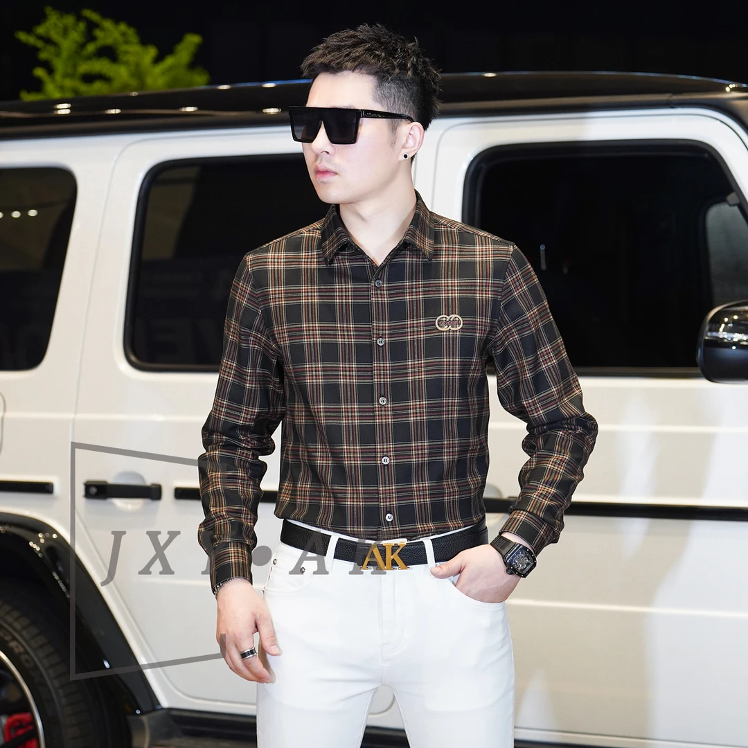 AK/2025秋季新款时尚潮流立体刺绣男士长袖修身帅气韩版格子衬衫