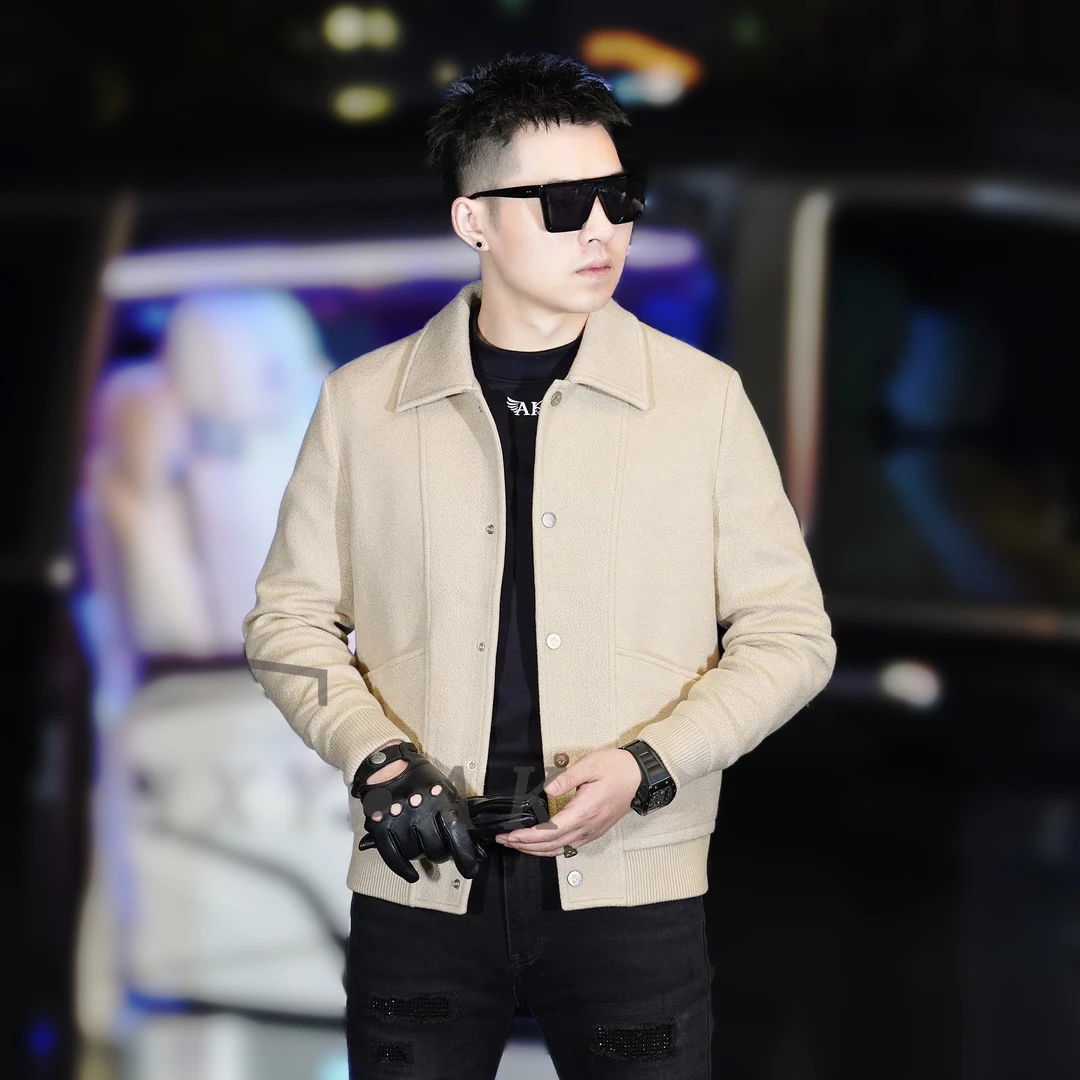 AK2024冬季新款男士绵羊毛外套经典百搭纯色加厚翻领短款修身夹克