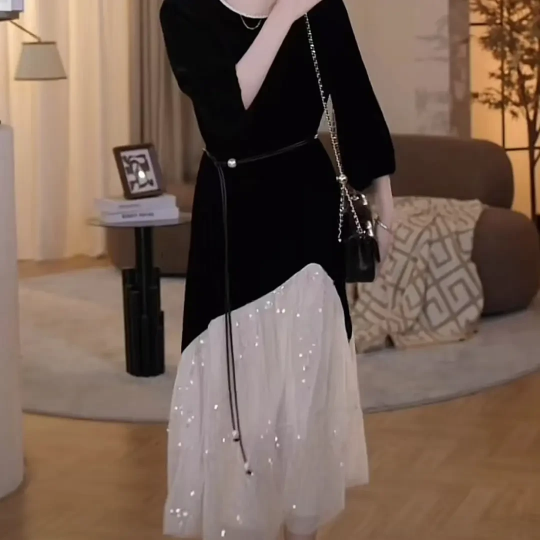 钻石星空 设计师款拼接亮片气质显瘦连衣裙